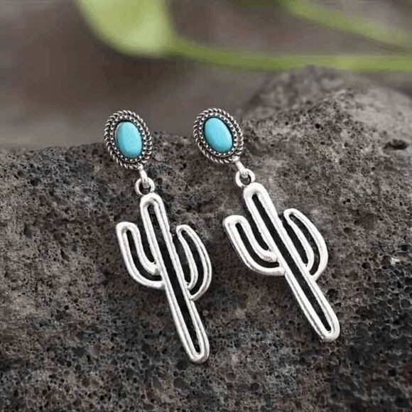 Cactus Shaped Silver Turquoise Dangle Earrings - Picture 4 of 6